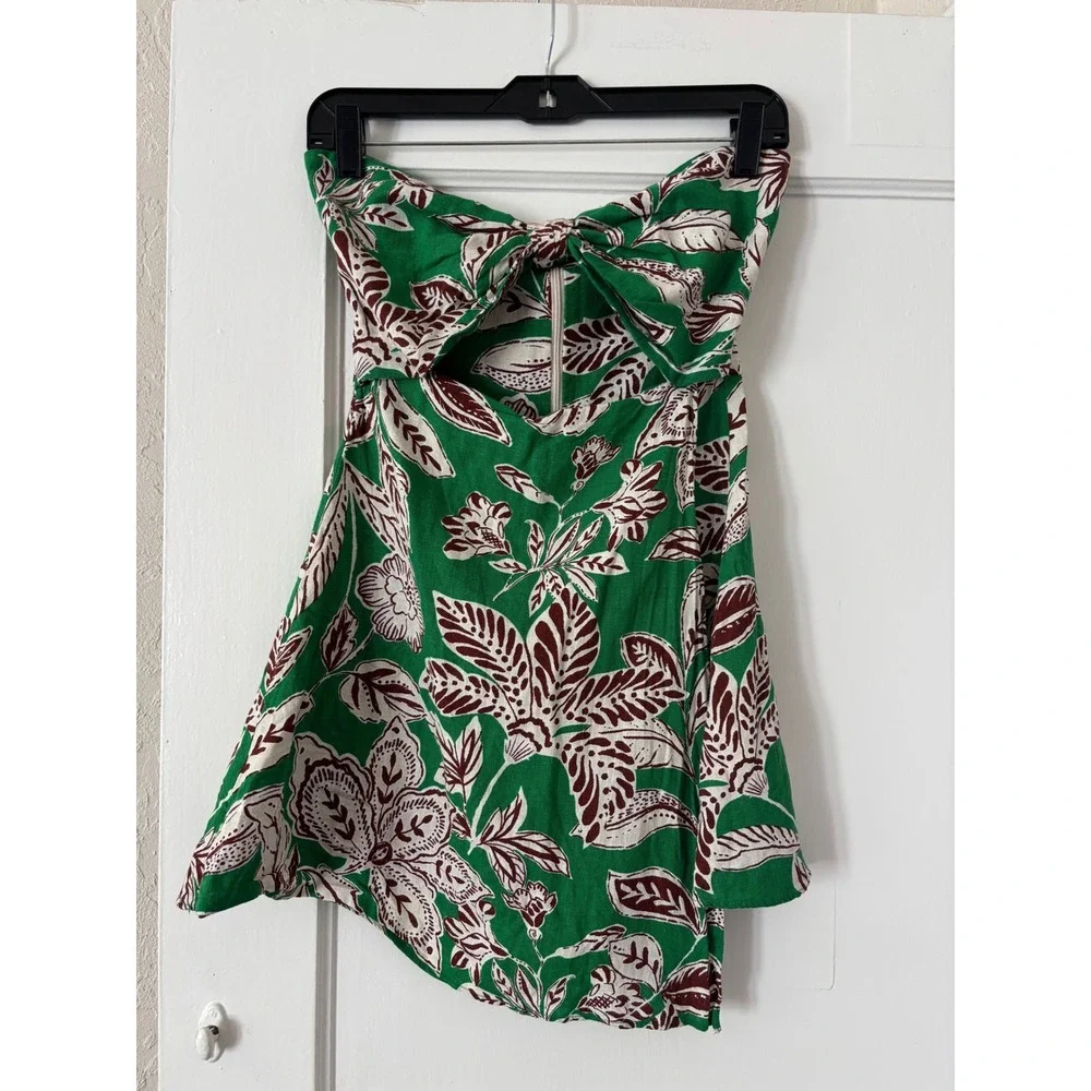 Zara‎ Tropical Green Floral Halter Cutout Romper Mini Skort Jumpsuit Linen Blend